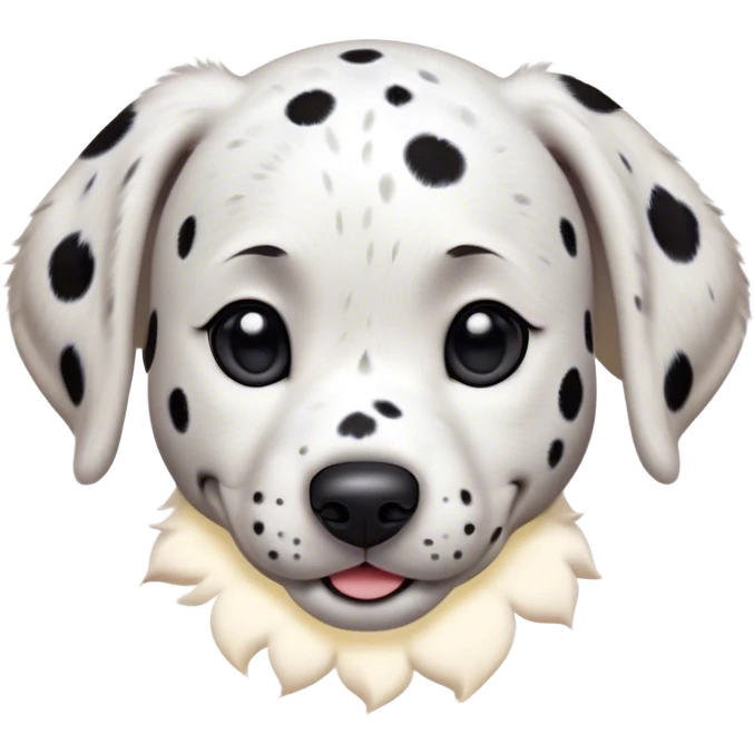 Cinematic Cute Spotted Dalmatian Portrait Emoji, Head tilted playfully and inquisitively, featuring a glossy Fur of predominantly white with dynamic black patches, round, sparkling eyes filled with gentle curiosity, Simplified yet irresistibly adorable features, highly detailed, glowing with a warm, friendly glow, high shine, affectionate and gentle, stylized with a touch of whimsy, bright and endearing, soft glowing outline, capturing the essence of a mischievous yet loving pup, so playful it feels like it could lumber out of the screen and into your arms! emoji