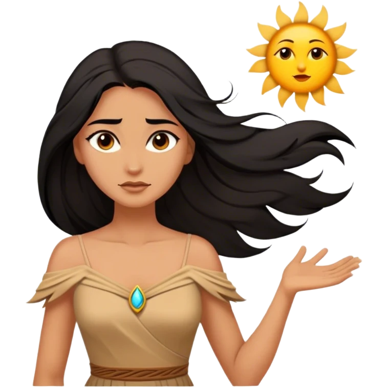 Cinematic Stunning Pocahontas Portrait Emoji, Windswept raven hair flowing behind her, deep brown eyes filled with wisdom and strength, glowing sun-kissed skin, wearing her elegant tan dress, the spirit of the wild in her expression, breathtakingly majestic! emoji