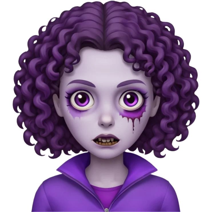 Zombie woman with curly, dark brown hair, purple outfit, and short, flat hair.  emoji