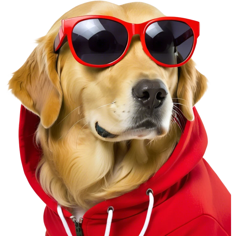 Golden retriever wearing a red hoodie and sunglasses emoji