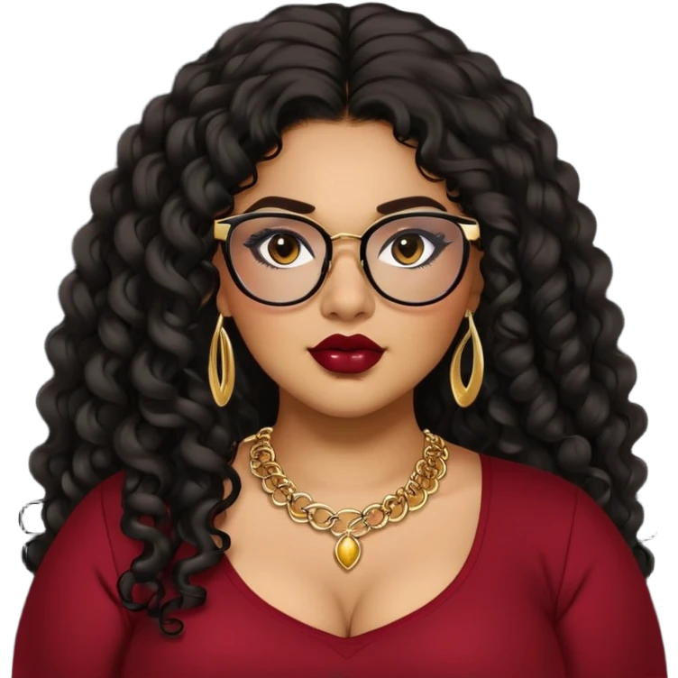 teen big plus size, latina, darker tan skin, gold jewelry, long black curly hair, baddie,pretty, makeup, dark red lipgloss, black eyeliner, long hair, black top, black glasses emoji