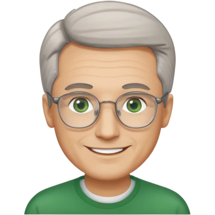 Man with receding hair, grey hair only on the sides, green eyes, rectangular reading glasses, rounded clear face, with a smile emoji