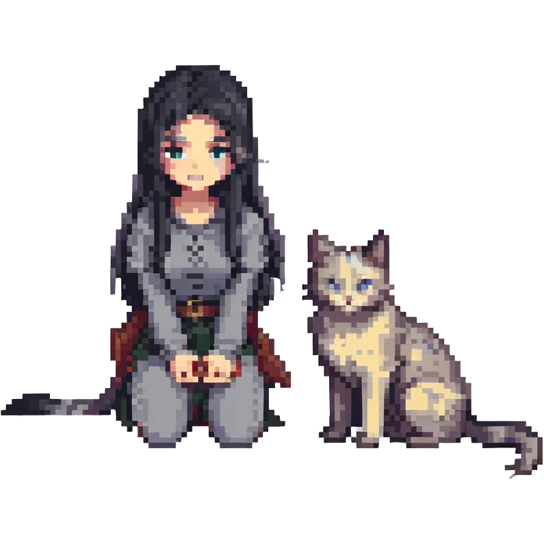beautiful girl with long black hair kneeling beside a gray and blonde mixed cat, pixel art style emoji