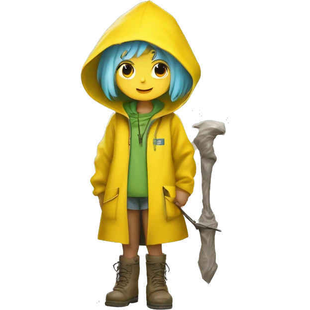 Cute little girl with light blue hair wearing a yellow raincoat hood up with white skin and short hair with cross necklace holding a staff with green muddy boots, the yellow raincoat should be covered emoji