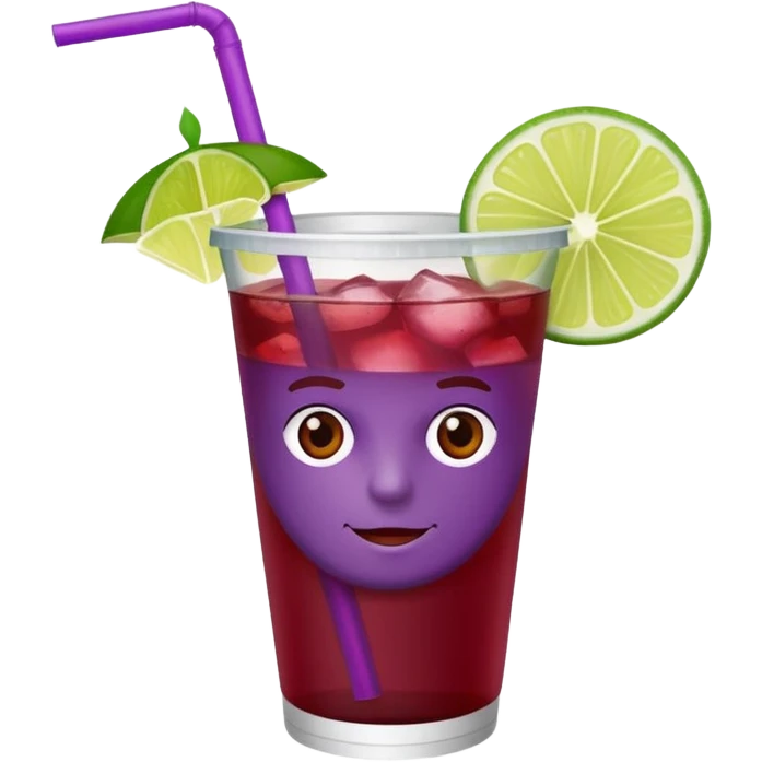 maroon purple cocktail with a lime wedge in the drink in a plastic cup with lid and straw - no lime on edge

 emoji