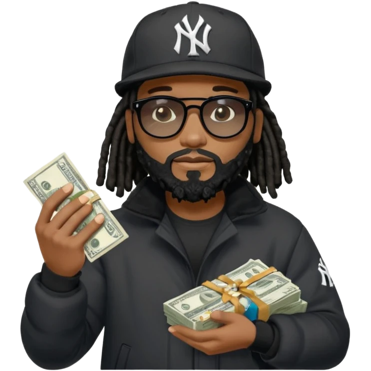 African American man with shoulder length black dreadlocks with black beard wearing black sunglasses wearing a black New York Yankees logo baseball Cap wearing a black bubble winter coat counting money in his hand emoji