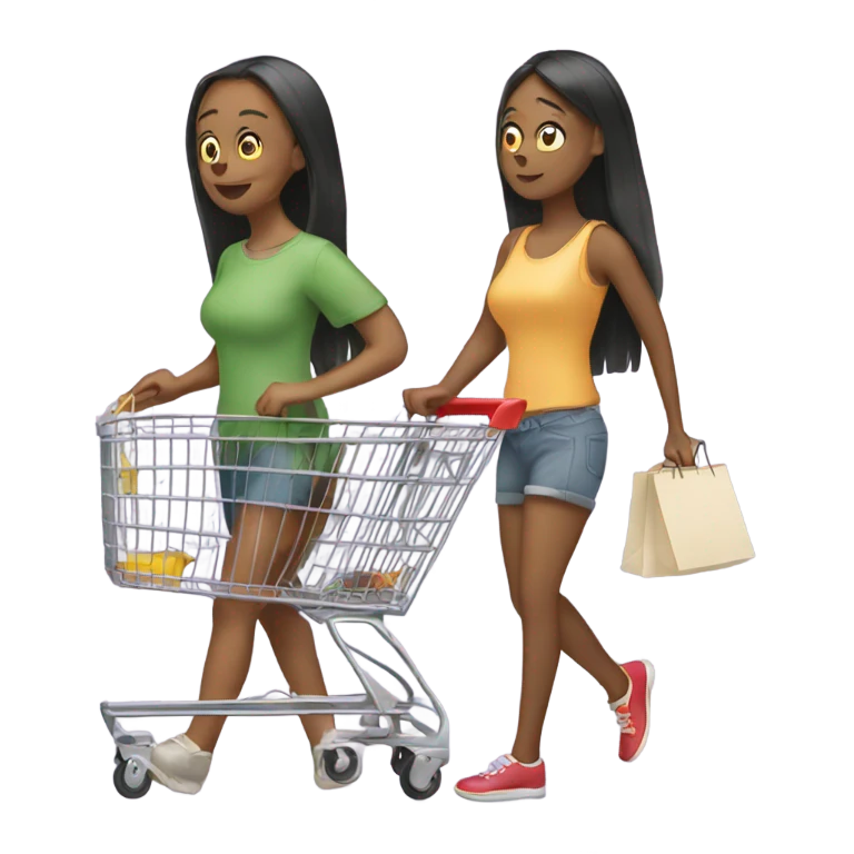 Two girls in a long line with shopping cart emoji