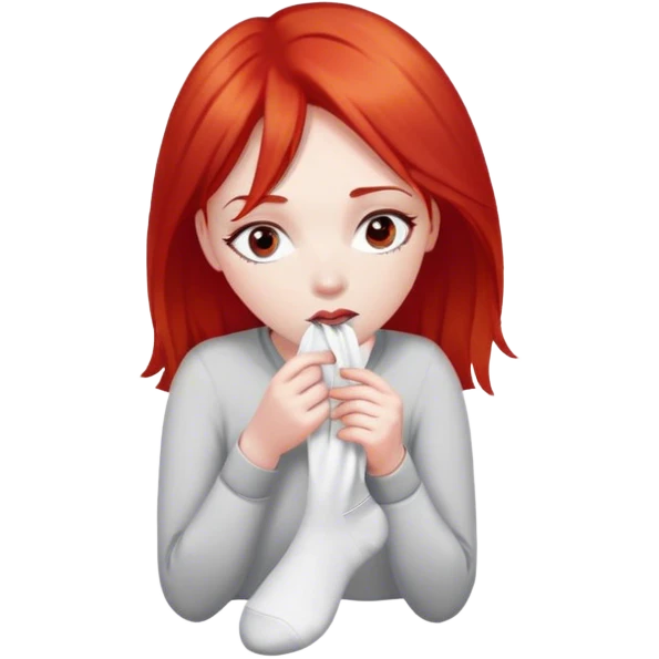 a woman with red hair and red eyes sniffing a white sock emoji
