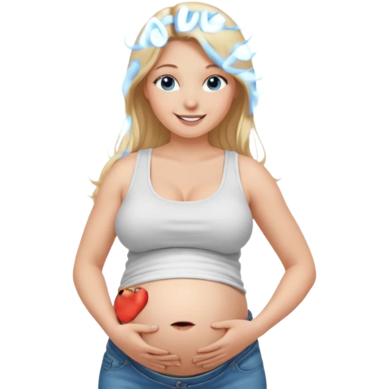White girl, long blonde hair, white tank crop top, smiling, bare midriff, blue eyes, huge round pregnant belly, jeans, side view emoji