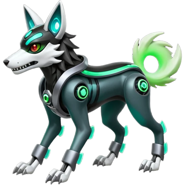 Hyper realistic skeletal black and neon green futuristic shiny colorful mechanical bioluminescent cyber-Cyborg-Poochyena-Lycanroc-Zorua-Litten-Houndoom-Fakémon-Pokémon-Digimon-hybrid-fusion (full body) with a skull face emoji