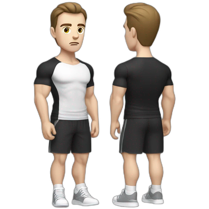 Confused Pale skinned Fit Man With the biceps and dark brown hair in black shirt, gray sports shorts and white Sneakers emoji