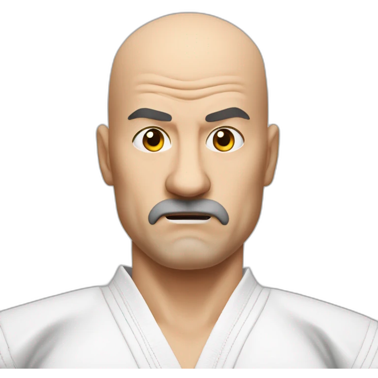 Bald 50 year old taekwondo Master with european traces looking angrily in the camera, without beard and a Black belz emoji