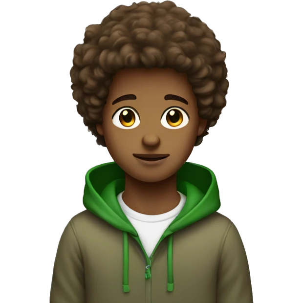 brown straight fluffy hair boy with brown eyes and green hoodie emoji