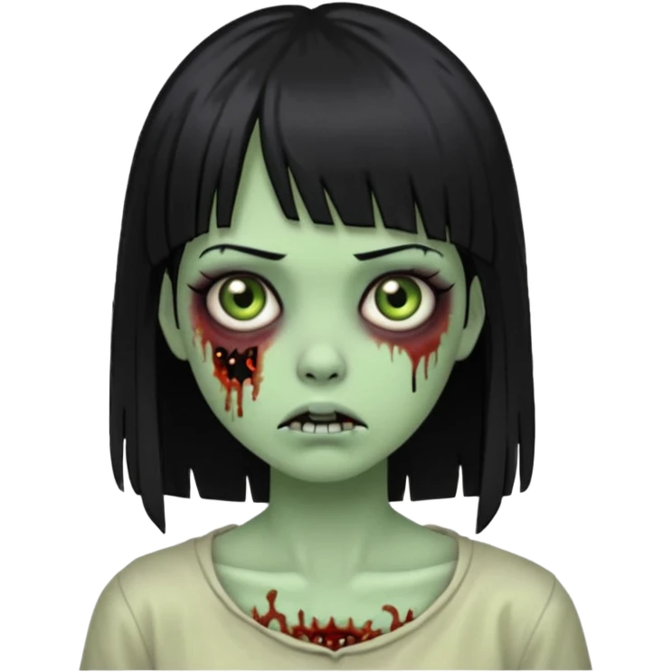 Emoji de uma garota zumbi com os cabelos longos, lisos e pretos. Ela usa uma franja curta. E tem a pele verde  emoji