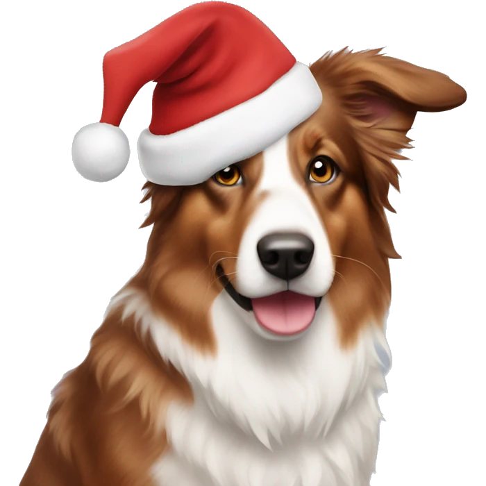 Red and white Australian Shepard with Santa hat emoji