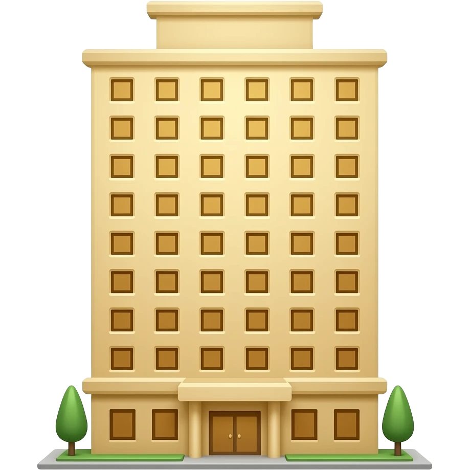 pixar-style 3D emoji style, glossy surface, soft shadows, white background, centered, no text, tall hotel not scene just a building , gold and warm cream tones, emoji