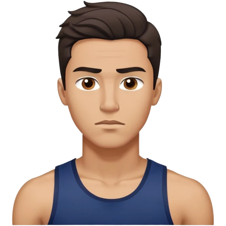 Athletic young man with light brown skin, elongated face, defined jawline, medium dark eyes, arched eyebrows, straight nose, concentrated expression, medium wavy dark hair with messy style, wearing a navy blue tank top emoji