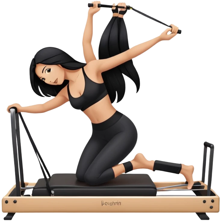 woman with bra, tanned long black hair, doing Pilates reformer emoji