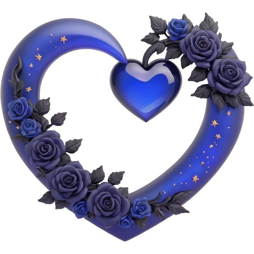 gothic heart, midnight blue glass, silver crescent moon, tiny black roses, shimmering stardust, frosted glass effect emoji