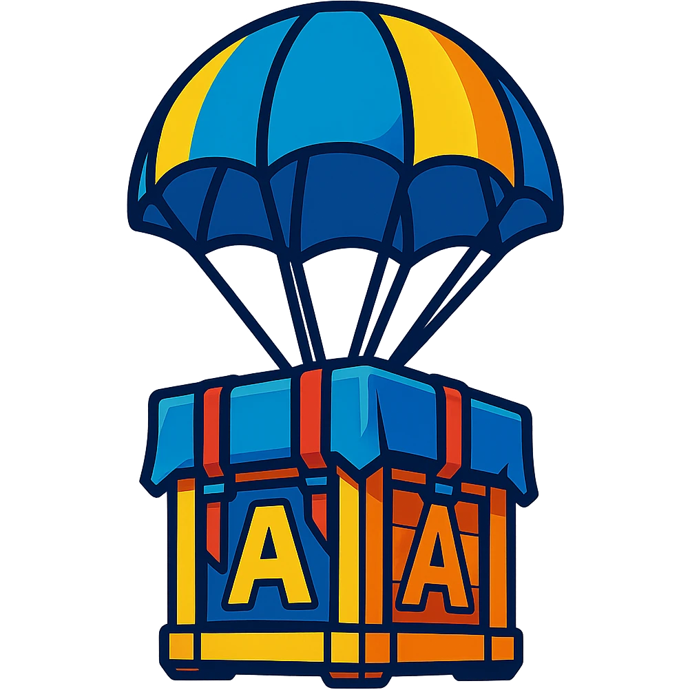 supply drop crate with a parachute, Fortnite style, bright and fun emoji