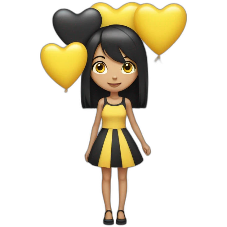 a thin girl with black straight hair, dressed in a short dress, holds in her hands balloons in the shape of black and yellow hearts emoji