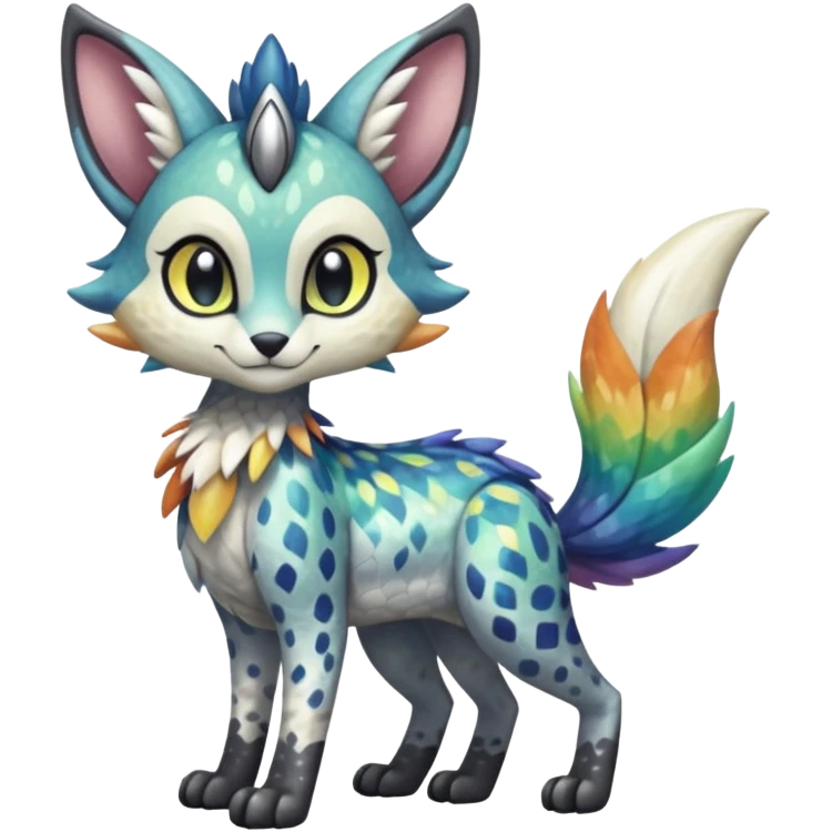 Colorful Shiny Scaly Furry Cute Realistic Meloetta-Trico-Silvally-Nargacuga-Sergal-Serval-Fakémon-creature-hybrid emoji