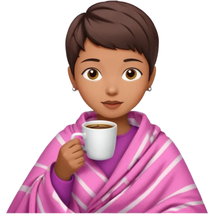 Brunette girl pixiecut Hair Brown  in pink blanket drinking coffee emoji