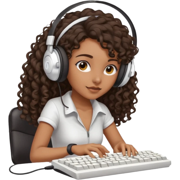 Brown skin Spanish girl with long dark curly hair, wearing a white gaming headset and playing on keyboard with a gaming mouse i emoji