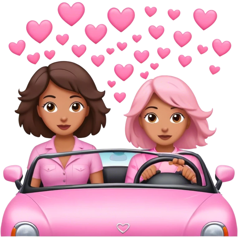 A mom, olé daughter,  driving in pink convertible with hearts blowing behind emoji
