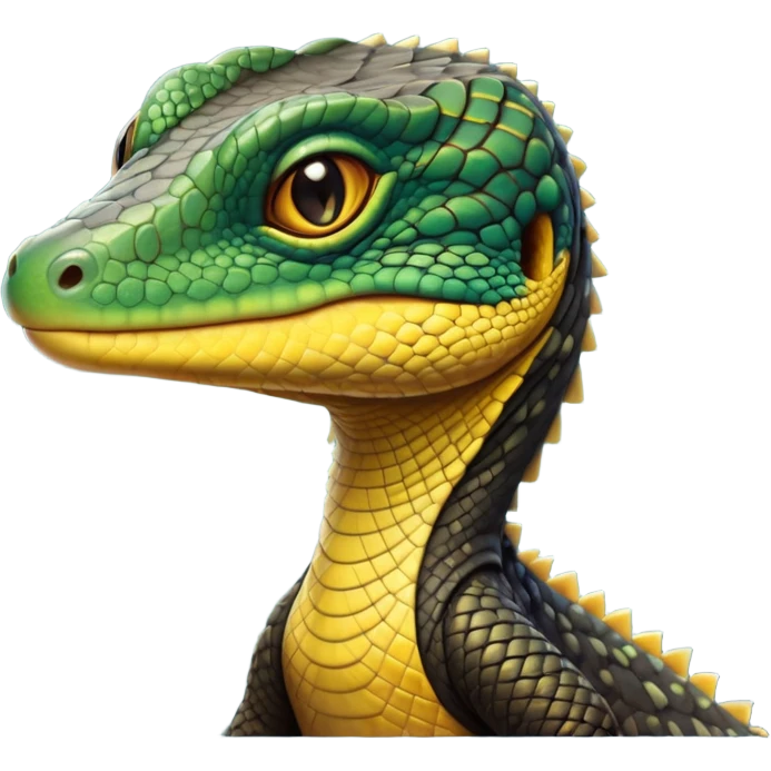 cinematic-realistic-cute-monitor-lizard-portrait-emoji,-head-tilted-playfully-and-inquisitively,-featuring-a-compact,-agile-body-with-finely-detailed,-glossy-scales-in-earthy-black and yellow-hues-and-a-distinct,-alert-face-with-bright,-curious-eyes, black , yellow spotted and green band  scales and a slender neck emoji