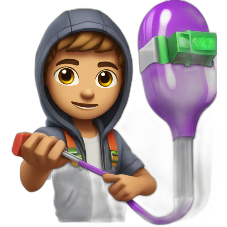 Zach psychicpebbles holding a Needle hooked up to television playing subway surfers emoji