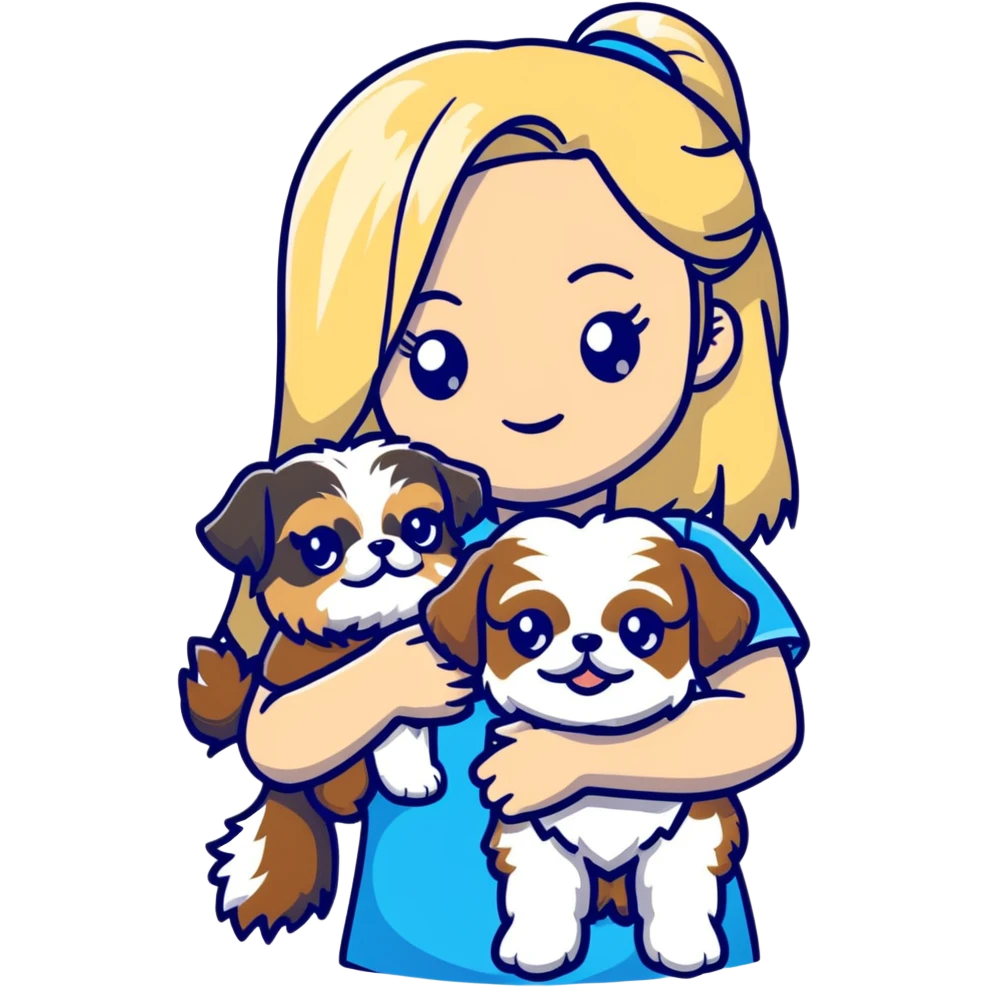 White blond girl with long hair and blue eyes holding a small female shih tzu dog emoji