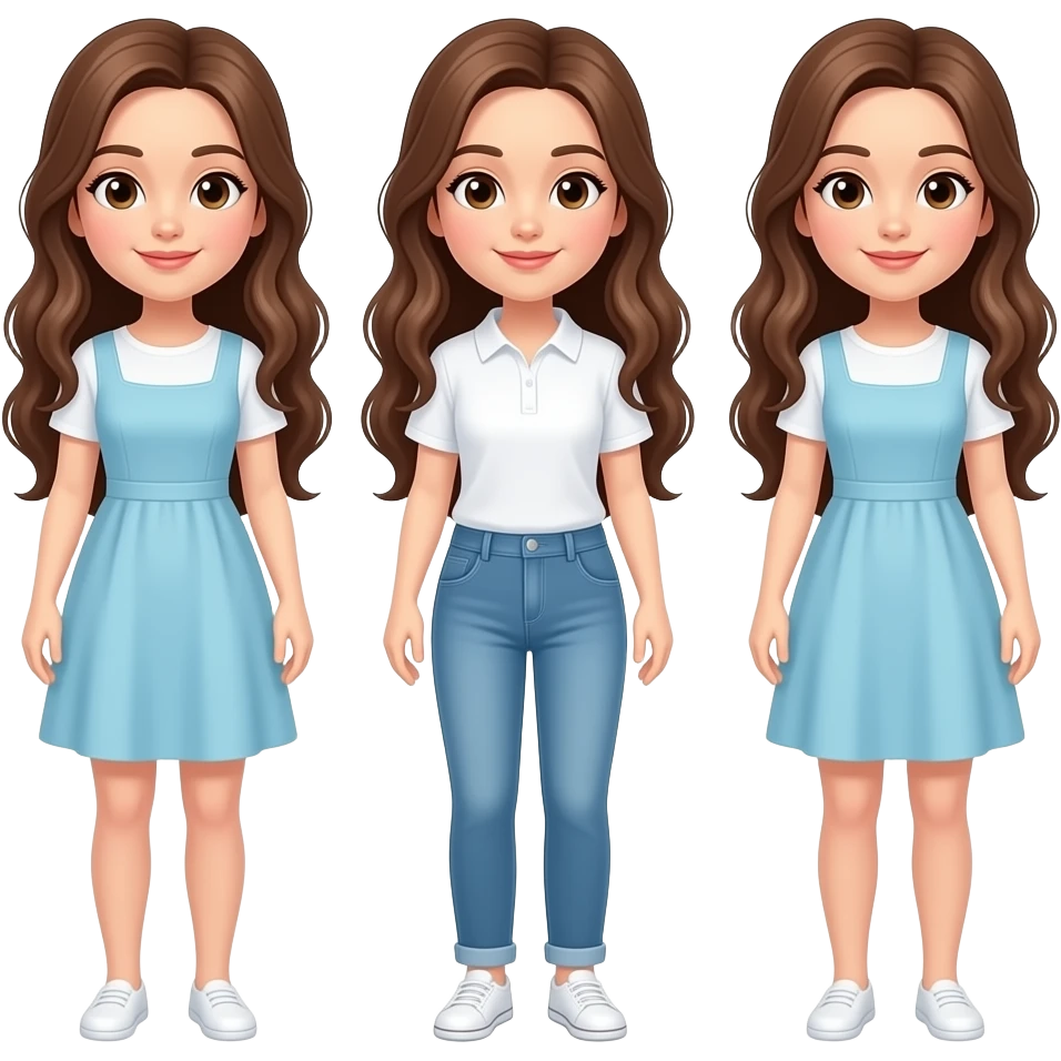 Trillizas con el pelo castaño largoi blancas de piel, con el cuerpo entero emoji