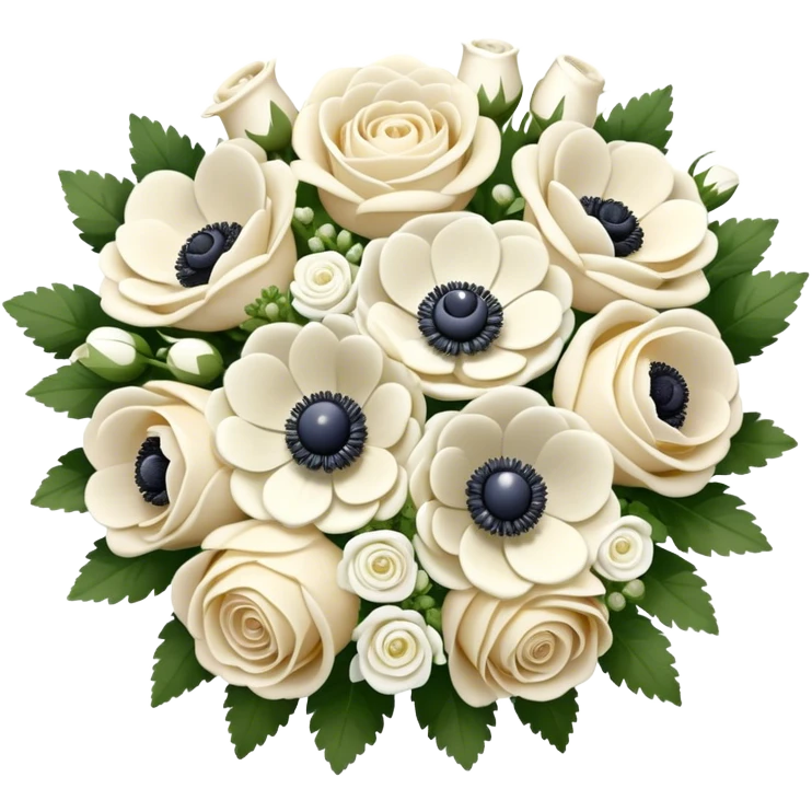 Cream and white bridal bouquet with white roses and anemone flowers, realistic, iOS 16 emoji style  emoji