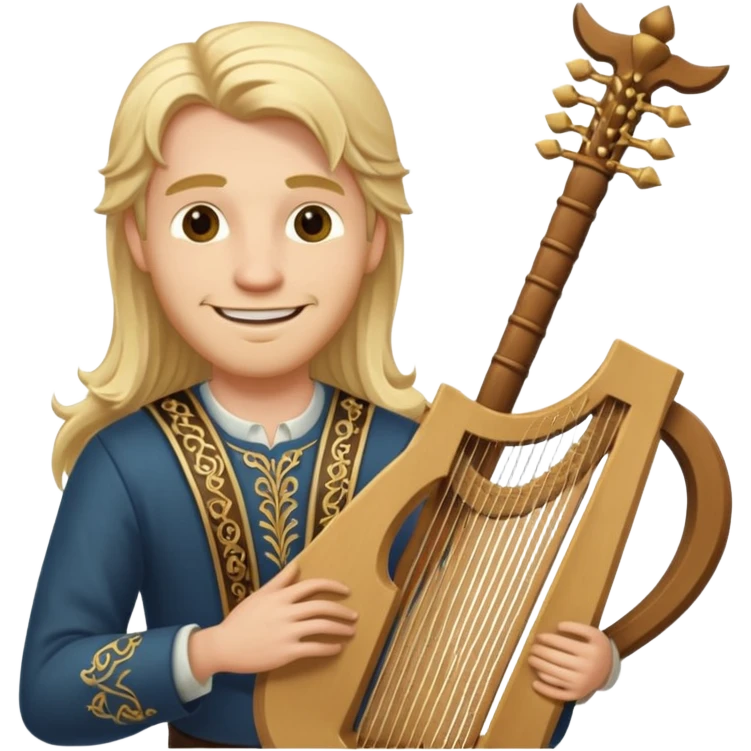 Man with long blonde hair smiling  holding a lyre emoji