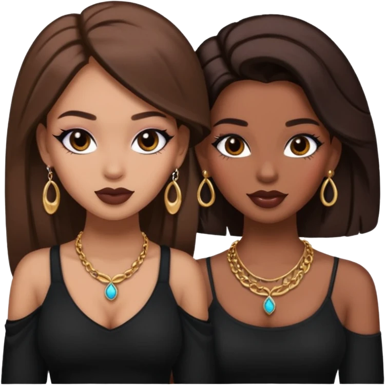 Boujy baddie best friends, trendy heavy makeup both dark hair one light skinned and one mocha brown pretty hair style both wearing black and earrings and necklace one mocha brown skin emoji
