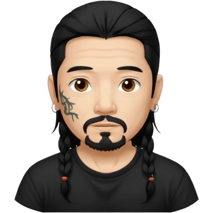 Older Spanish male. Asian eyes. Chin strap goatee.
Untucked, loose fitting black t-shirt. 
long black hair.
Even More tattoos. 
Peaceful emoji