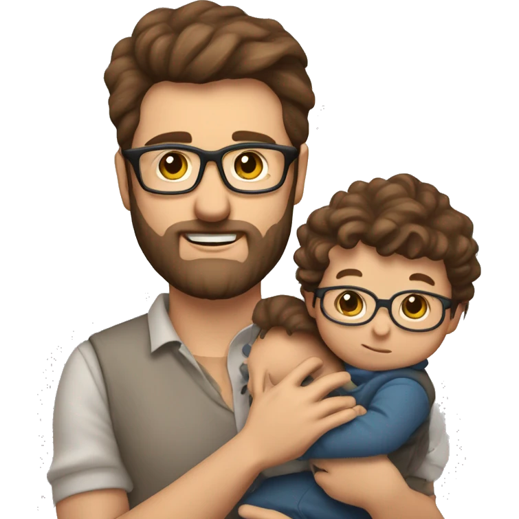 Dad brown hair and glasses with 3 day beard with child less hair (4 Month old) holding him on arm. Dad is a stock investor emoji