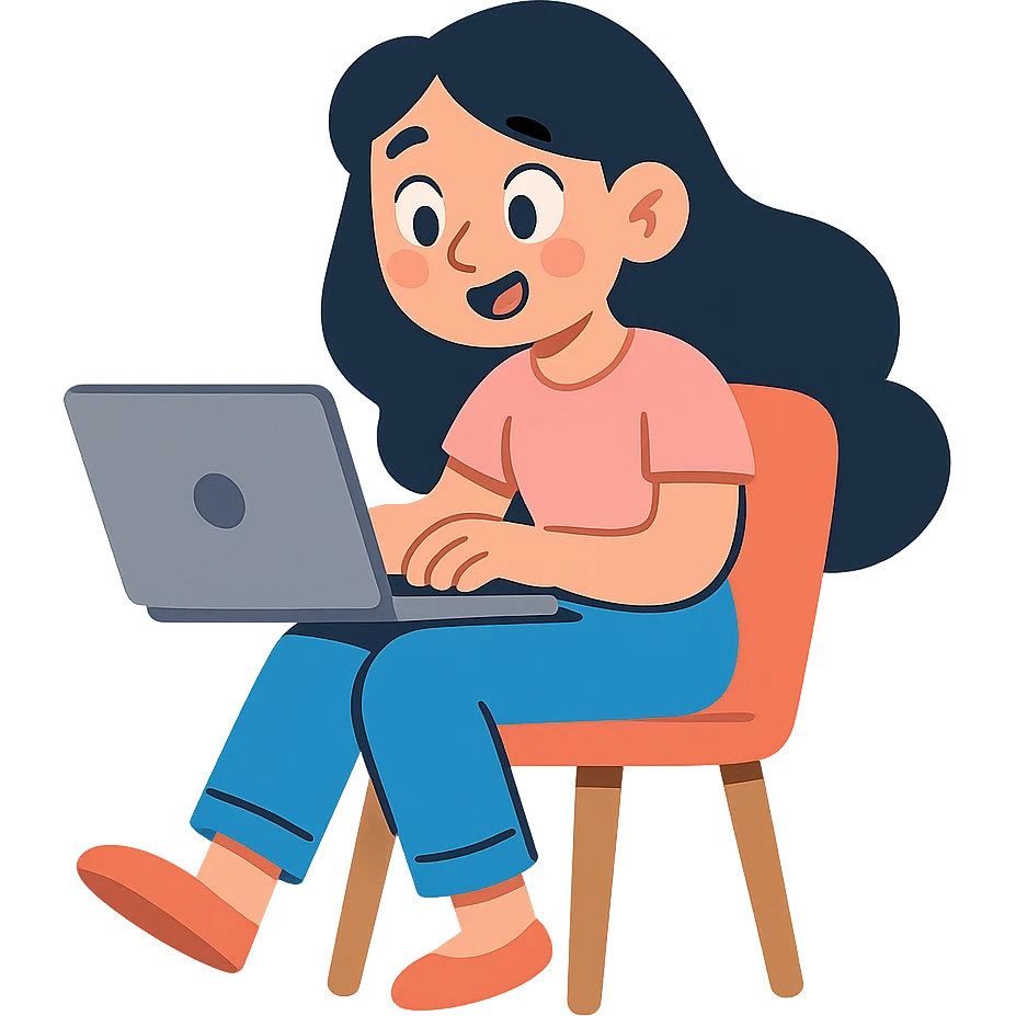 girl with long dark hair using a laptop on a chair emoji