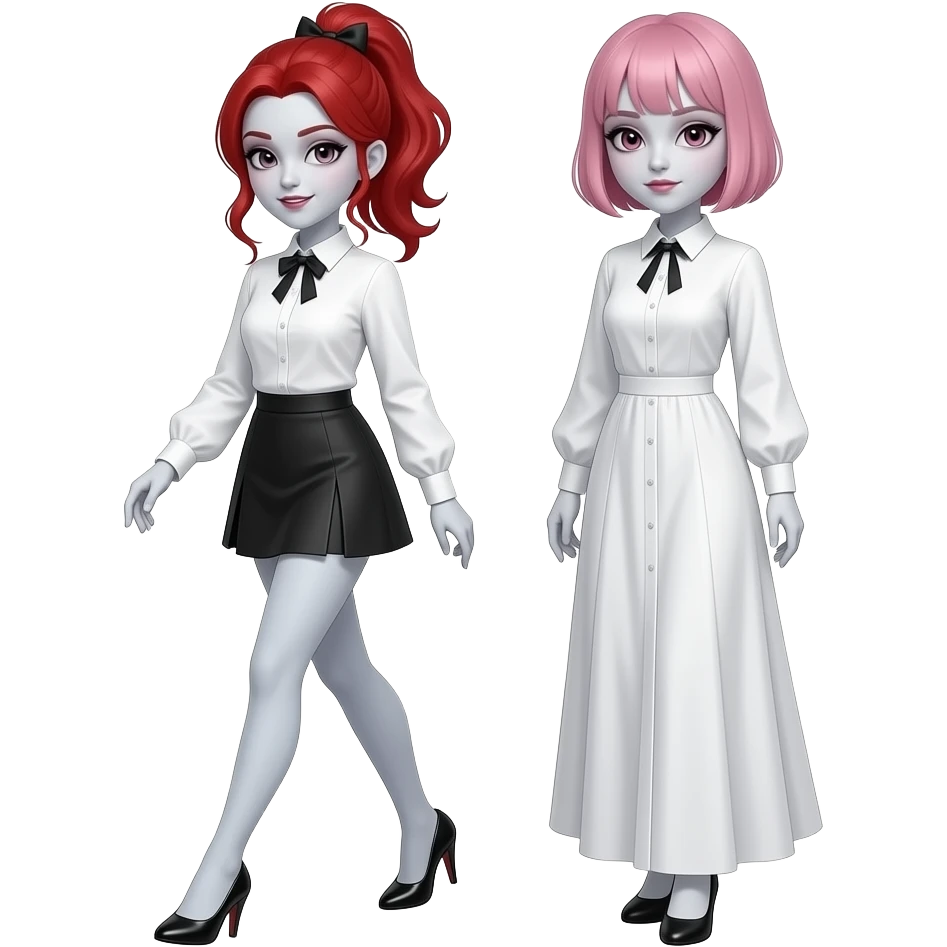 Vampiro femmina ADOLESCENTE con pelle bianca e capelli rossi raccolti in mezza cosa indossa una gonna corta e una camicetta bianca con i tacchi neri e cammina con la sua amica VAMPIRA con i capelli corti rose e la frangia e con una camicetta abbinata lunga che fa' da vestito emoji