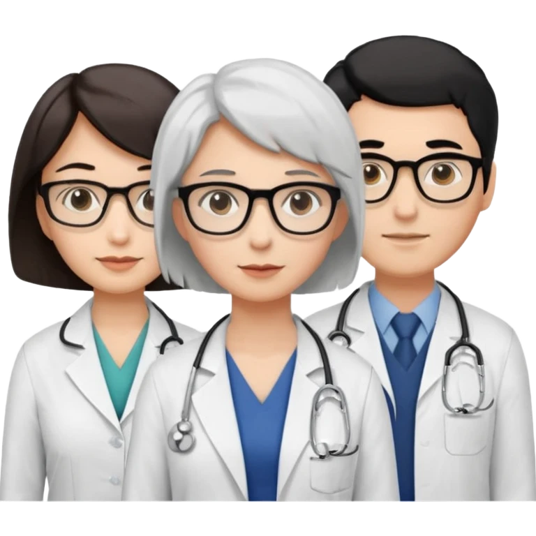 Create four doctors grouped together. Place a female doctor with dark brown short bob hair prominently in the front. Behind her, include:

a doctor with white hair wearing glasses,

a young male doctor with black hair and no glasses,

and a female doctor with black short bob hair wearing glasses. emoji
