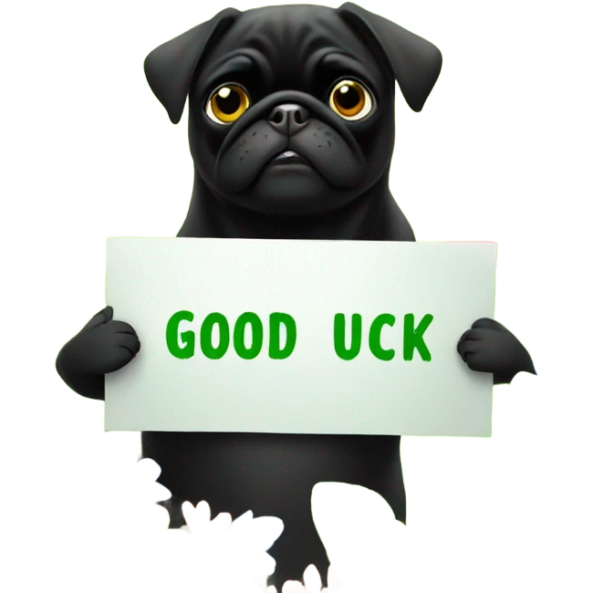 Black pug , surrounded by flowers, holding a green sign that says “good luck”  emoji