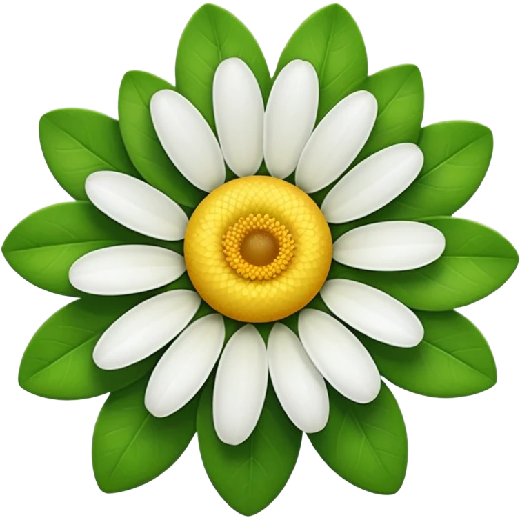 daisy flower, top view, apple style emoji, with subtle green leaves peeking out emoji