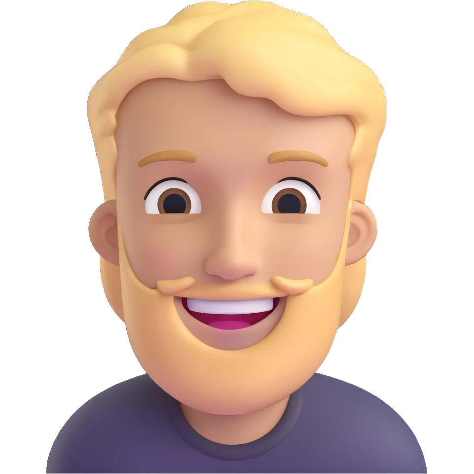 young man with blonde hair and moderate beard with a big smile emoji