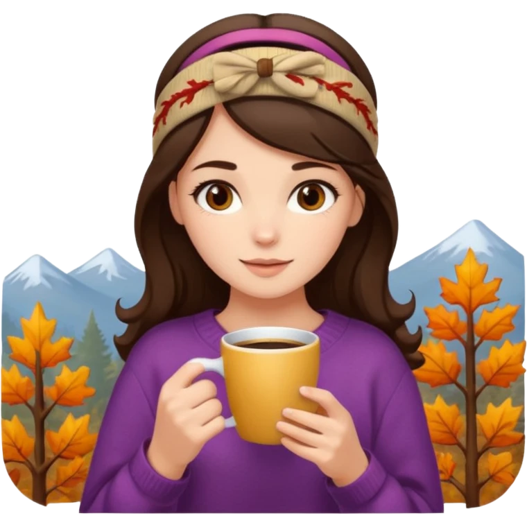 A brunette girl in a comfy Autumn sweater, a headband and a coffee in her hands emoji