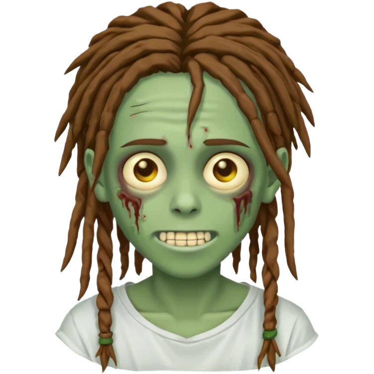 zombie teen with brown dreads covering forehead white tee golden eyes light green skin  and white smile emoji