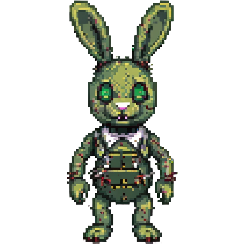 detailed green and worn animatronic rabbit with exposed wires and creepy expression, Springtrap character, pixel art style emoji