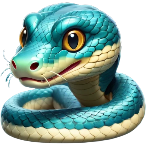 Cinematic Cute Chinese Water Snake Portrait Emoji, Head tilted playfully and inquisitively, with a compact, lithe form and a smooth, shimmering coat in subtle aquatic hues, round, sparkling eyes filled with curious fluidity, Simplified yet irresistibly adorable features, highly detailed, glowing with a warm, friendly glow, high shine, affectionate and agile, stylized with a touch of aquatic whimsy, soft glowing outline, capturing the essence of a mischievous yet loving water snake that feels like it could slither out of the screen into your arms! emoji
