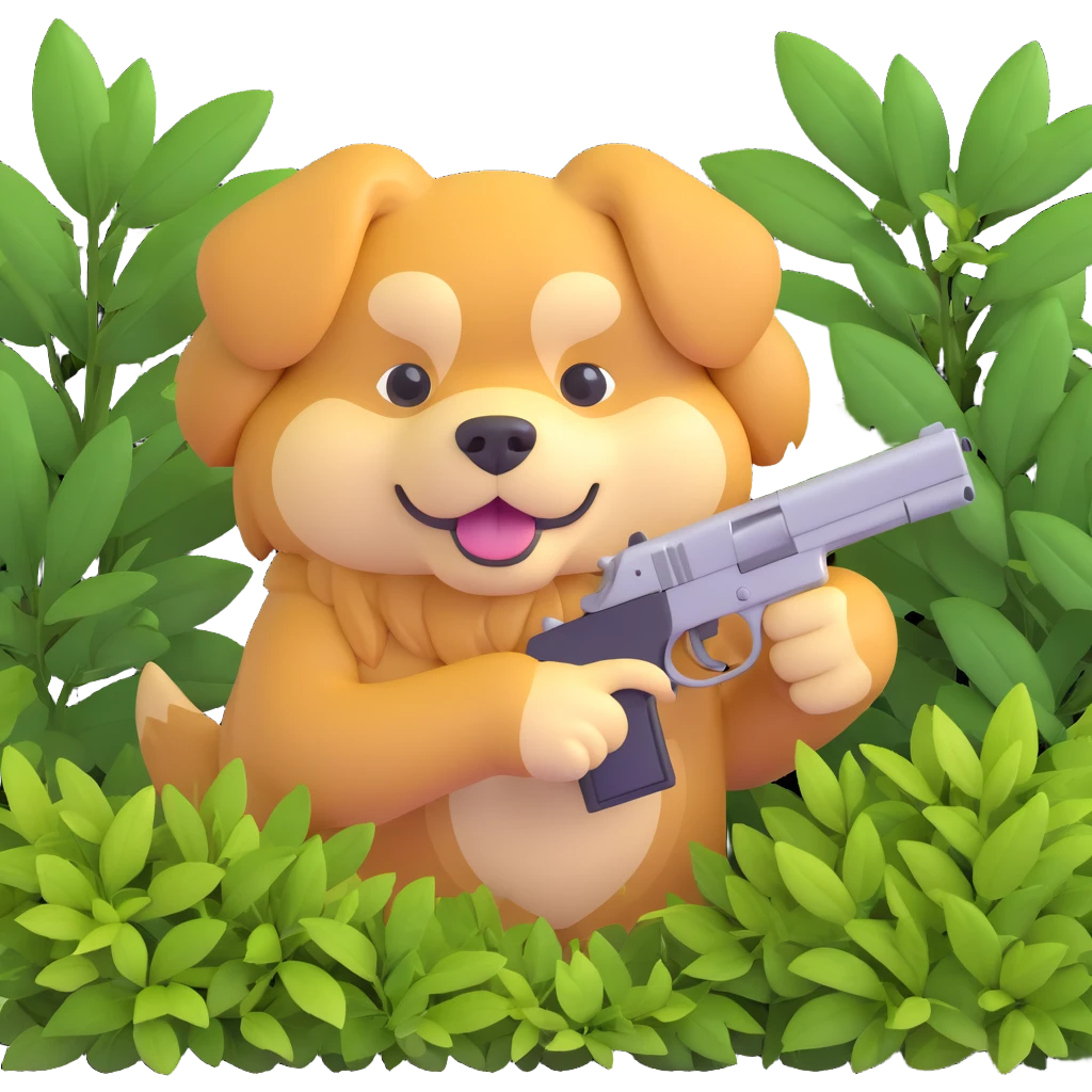 A dog hiding in the bushes with a gun, golden fur, focused expression. emoji