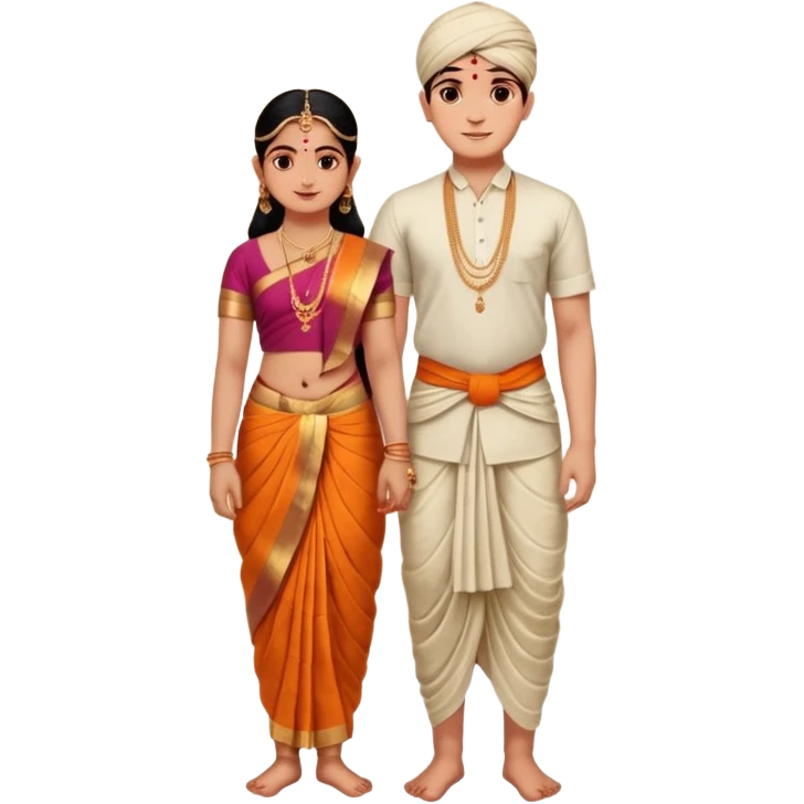 31 years young and small Brahmin boy with traditional formal cotton shirt and cotton lungi is pleasent peaceful thankful to 18 years young and fat and tall Brahmin girl with the complete decoration of bharatanatyam as godess lakshmi devi. emoji